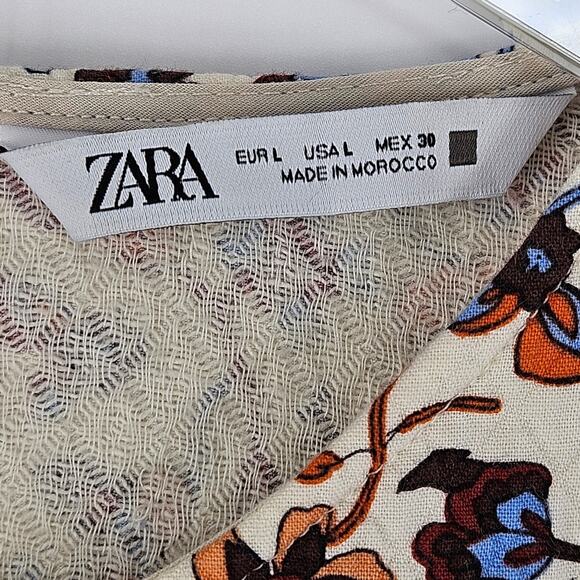 Zara Ecru Floral Print Long Puff Sleeves Top Blouse Size L Large Boho Casual - Picture 4 of 10